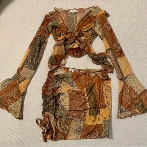 Bear Dance Patchwork Skirt Set in Brown and Tan